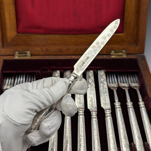1894 年英國古董純銀水果餐具組 12 對共 783 克 RF Mosley 木盒